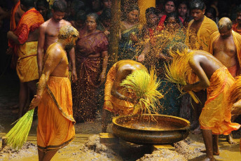 During a festival at the Vandimala Temple in Kerala, disciples perform the ancient ritual of a curcuma bath where they cover themselves with turmeric © AJP