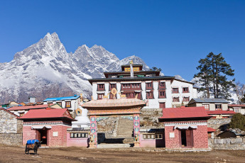 The Tibetan Buddhist Tengboche Monastery in Thyangboche lies at 12,687 ft./3867 m above sea level. Three wealthy Sherpa villagers funded the construction of the initial Gompa. After an earthquake it was rebuilt but a fire in 1989 destroyed precious old statues, scriptures, wood carvings and murals. Thyangboche offers spectacular views of a number of Himalayan peaks such as Tawache, Nuptse, Lhotse, Ama Dablam, Thamserku and Everest © hadynyah