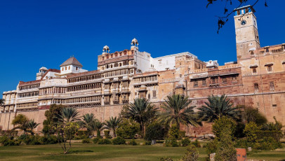 View from the back garden of Junagarh Fort in Bikaner, one of the few fortresses in the country not built on a hillside. The modern day town developed around the complex situated in the arid area of the Thar Desert, Rajasthan