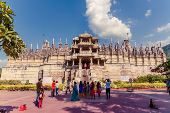 Devotees and tourists at the front entrance of the Ranakpur Hindu Temple in Rajasthan. Construction on the temple started in the 15th century after a Jain businessman had a divine vision