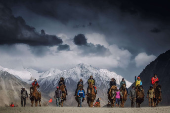 Tourists riding Bactrian camels through the Nubra Valley, snow-peaked Himalayas in the background © Nutkamol komolvanich
