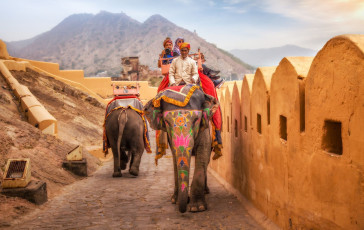 The road to Amer Fort in Jaipur, Rajasthan holds elephants with exotic Indian decorations carrying tourists. © Roop_Dey