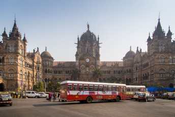 A grand view of the Chhatrapati Shivaji Terminus which is blended with themes deriving from Indian traditional architecture and is also a UNESCO World Heritage Site in Mumbai, Maharashtra, India © paul Prescott