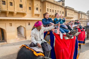 A few mahouts take the foreign tourists on elephant rides while they capture the beauty of Amber Fort in Jaipur, Rajasthan, India © Anton_Ivanov