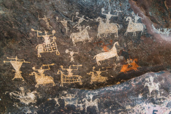The oldest rock paintings at the Bhim Baithika rock shelters near Bhopal are around 5,000 years old. The Satkunda paintings depict everyday life scenes of the forest dwelling tribes who inhabited the region. Some caves have been declared World Heritage Sites