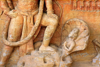 Detail of the famous colossal Varaha panel in the Udayagiri Caves in Madhya Pradesh. The panel depicts Vishnu in his man-boar avatar rescuing the Earth Goddess with a serpent personifying water. The panel dates back to the Gupta period