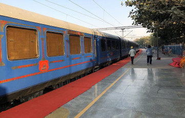 The all new Blue Palace on Wheels train standing at the platform, waiting to welcome passengers aboard