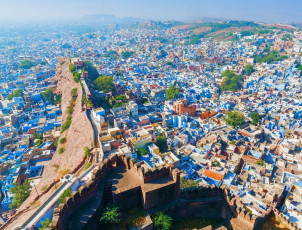 Spectacular panoramic view of Jodhpur. It is also known as the Blue City due to the numerous blue painted dwellings. This image was taken from Fort Mehrangarh situated on a hilltop overlooking the city © photoff