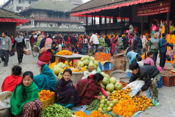 A crowded affair seen in the morning market on the historic Patan Durbar Square. It is situated at the centre of the city of Lalitpur at Kathmandu in Nepal © Stephane Bidouze
