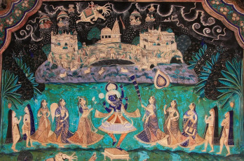 One of the beautiful murals covering the walls of the Bundi Palace, Rajasthan, India. Chitrashala consists of a pavilion with a fascinating gallery of small frescoes painted in vibrant colors - Photo By  Don Mammoser
