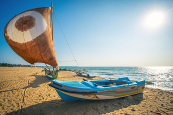 A traditional fishing boat with sail expanding in the breeze on Negombo beach. The small fishing village has one of the biggest open air fishing markets on the island of Sri Lanka © Klemen K. Misic
