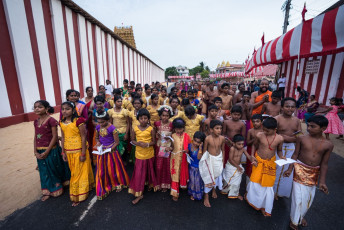 Tamil youngsters and adults in colorful traditional dress celebrating the 25-day long yearly Kandaswamy Kovil Festival at the Nallur Temple, Nainativu Island Jaffna, Sri Lanka © The Road Provides