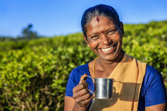 A Tamil lady smiles as she enjoys a freshly brewed mug of Ceylon tea on a tea plantation, Sri Lanka © hadynyah