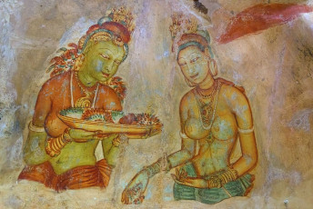 Some of the frescoes found on the walls of Sigiriya, the Lion’s Rock, dating back to before 500 ADC. Previously covering a large expanse of the rock face, only a few survived today © Oskanov