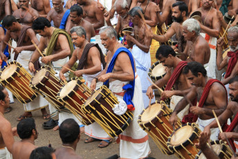 A large number of artists are playing percussion instruments at the Pooram Festival in Thrissur, Kerala. Thrissur is the largest and most famous of all Poorams in India. © AJP