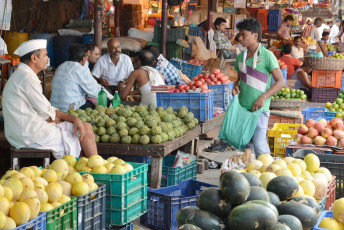 Fruit sellers at a local fruit market in Mumbai selling pineapples and other exotic fruits. © Rkl-foto / Gujarat Tour with Ajanta and Ellora