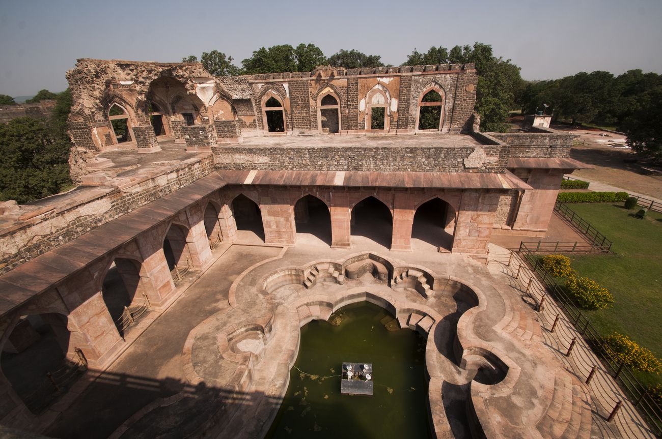 Beautifully patterned cisterns and water channels on the terrace of Jahaz Mahal. All the water channels of the terrace have been laid out in beautiful designs to slow down the flow of the water, allowing for extended luxurious bathing Mandu