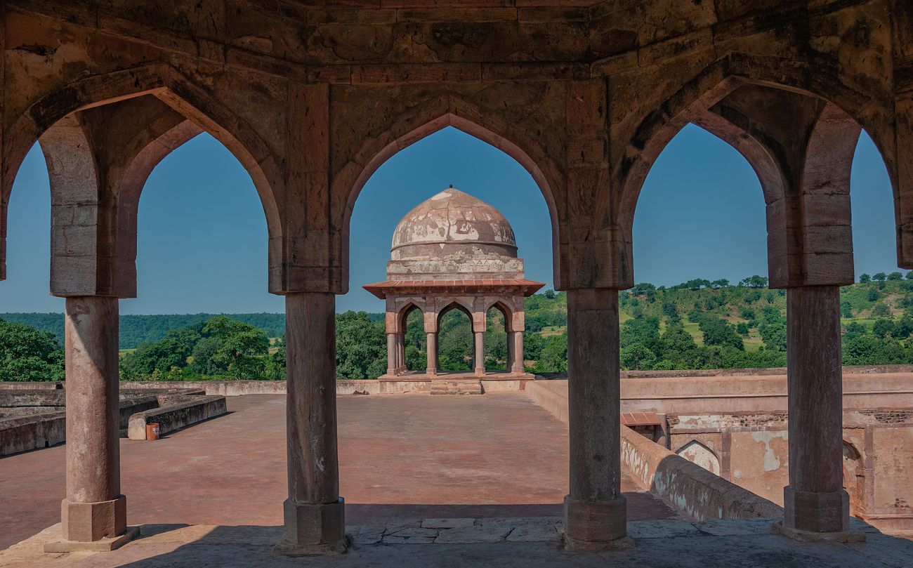 From Roopmati’s pavilion there is a sweeping view of the plateau. An example of the elegant pointed arches used in Mandu