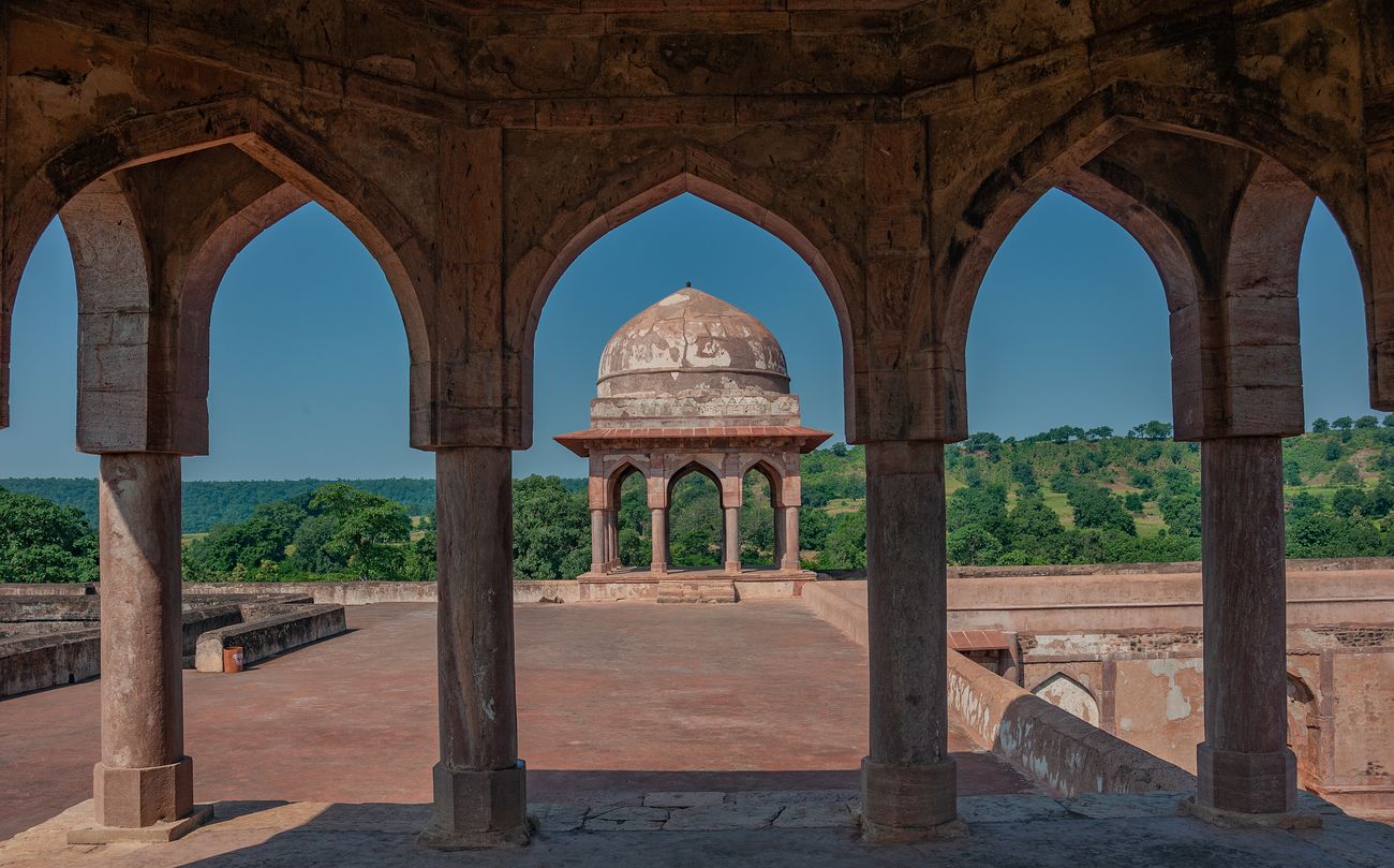 From Roopmati’s pavilion there is a sweeping view of the plateau. An example of the elegant pointed arches used in Mandu
