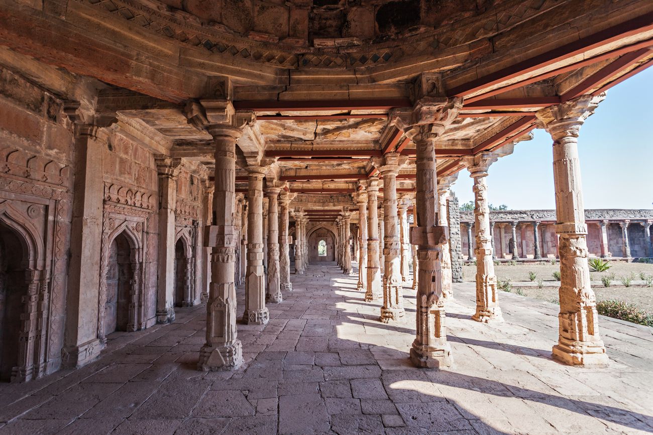 An interior view of the beautiful pillars of the mosque of Malik Mughith Mandu