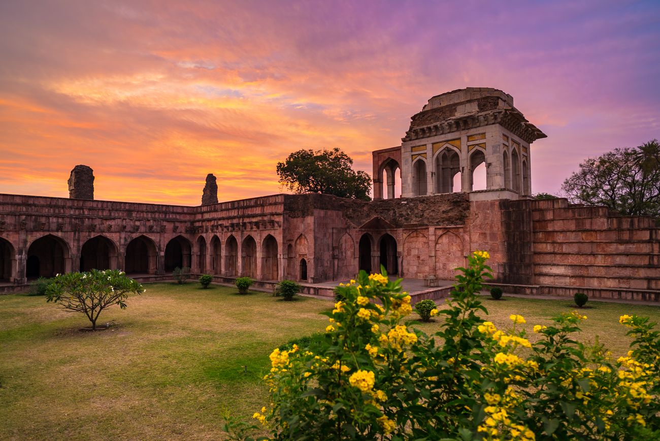 Afghan remnants of Islam empire, Muslim mausoleum, Mosque monument, pretty skies at dawn, Mandu