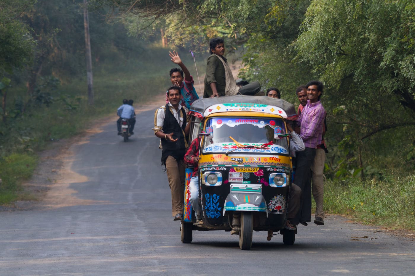 A crowded auto-rickshaw on the street in Orchha 