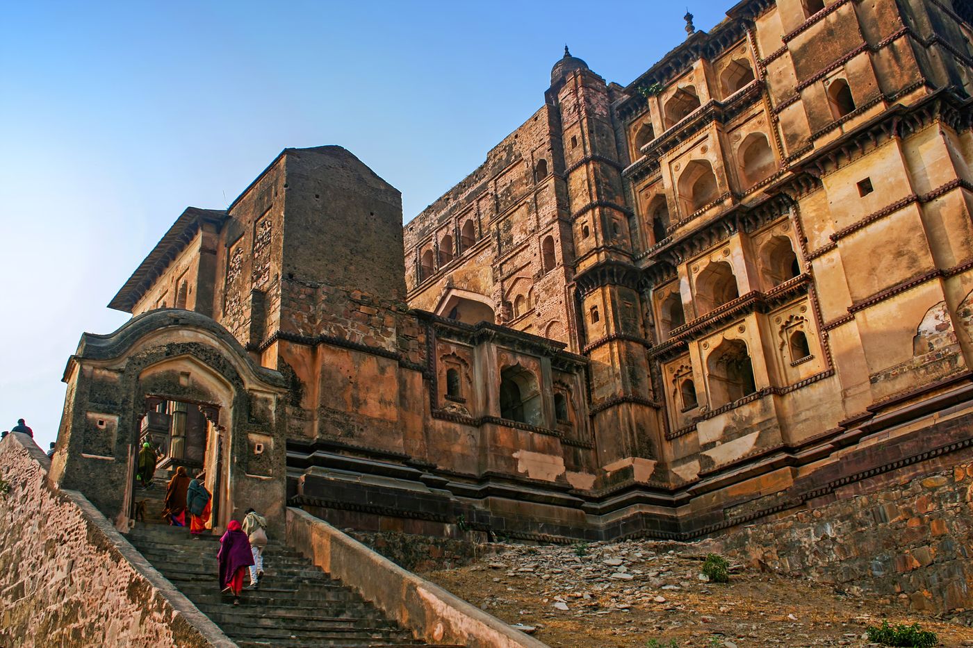 A stunning view of the outsides of the Chaturbhuj temple in Orchha, India. The 16th century Hindu temple is dedicated to Lord Rama and it was built by King Madhukar 