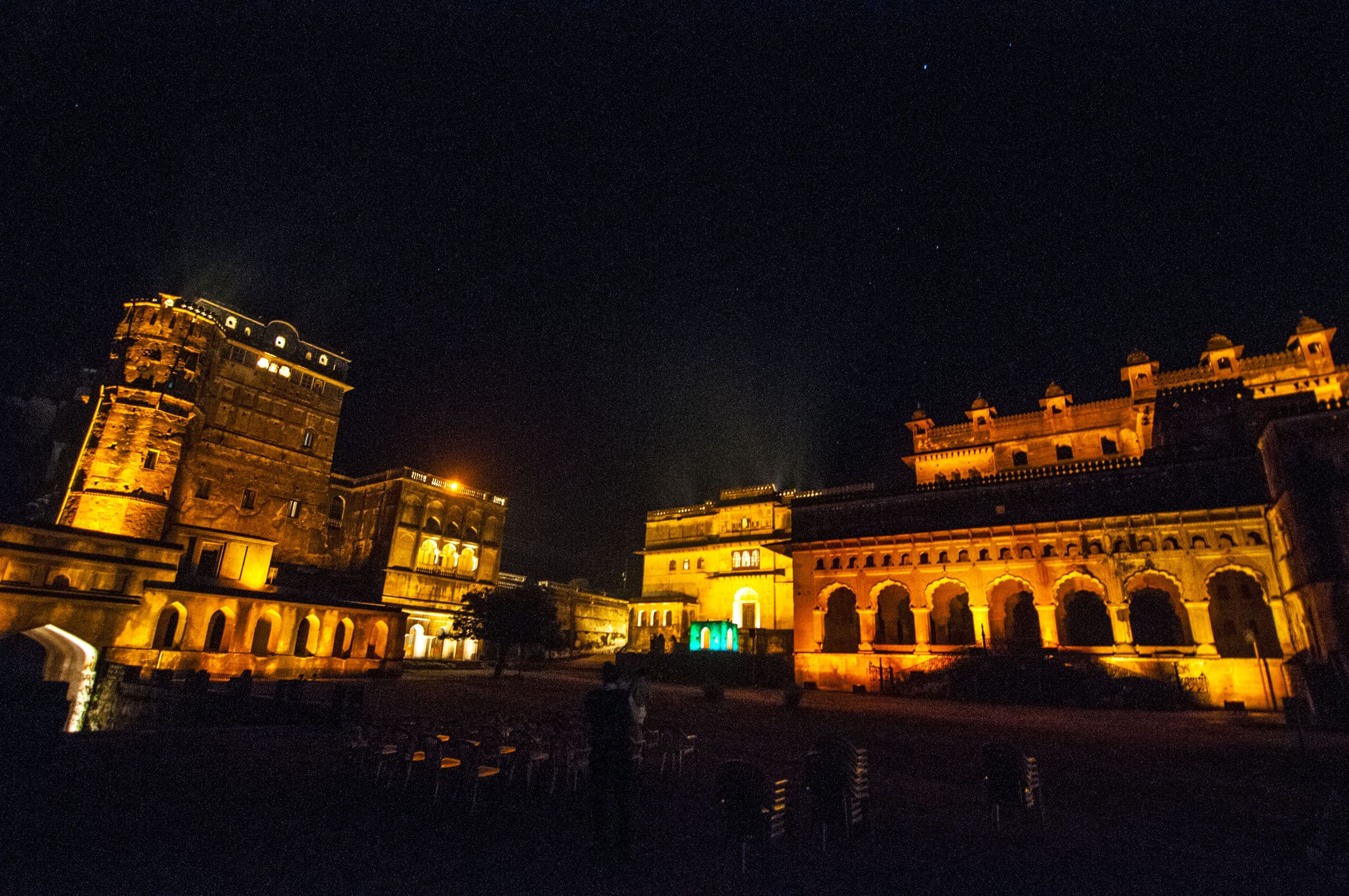 An illuminated Orchha Fort complex during the light and sound show hosted for narrating the city’s legends and history to the visitors 