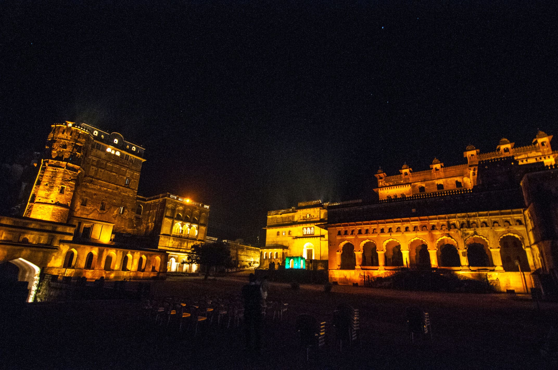 An illuminated Orchha Fort complex during the light and sound show hosted for narrating the city’s legends and history to the visitors