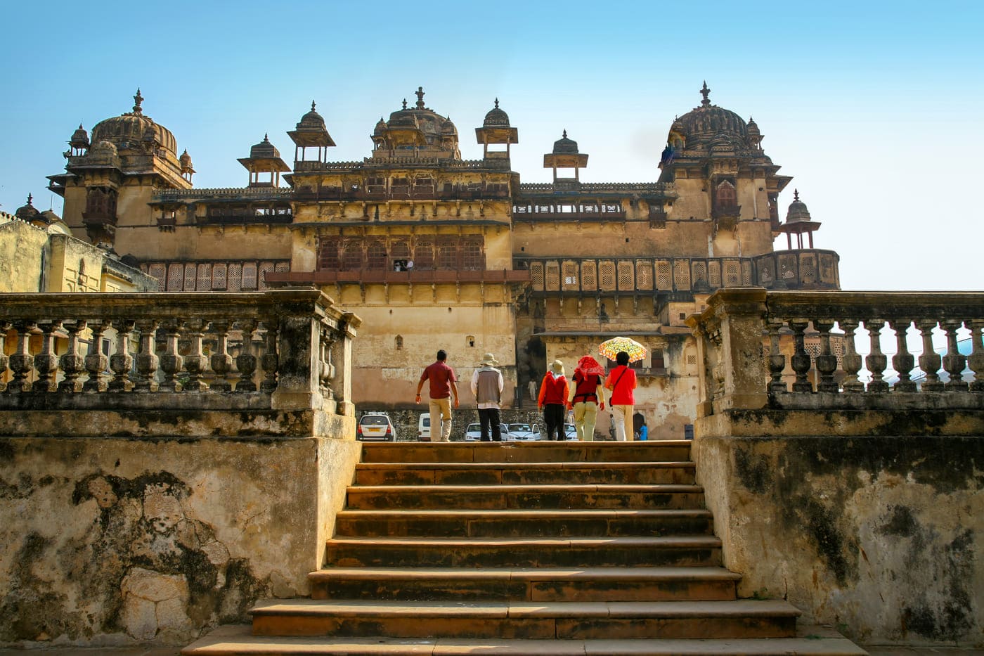 Beautiful view of Jahangir Mahal from its main entrance. Access to upper floors by steep stairs, Orchha 