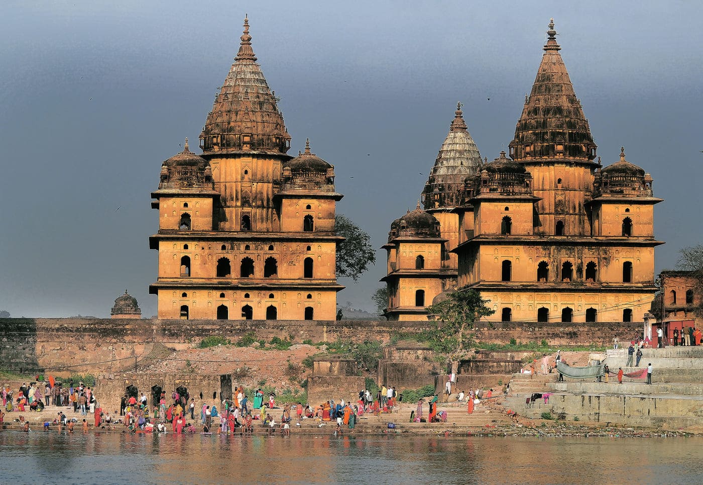 Kanchana Ghat has a bundle of chhattris on it, Orchha