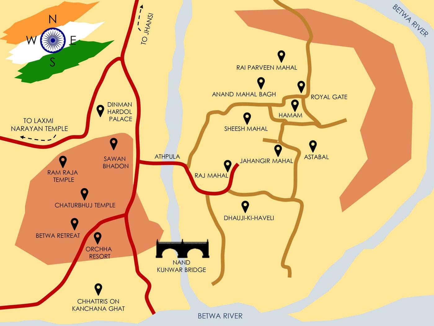 Orchha Map and monuments and temples layout
