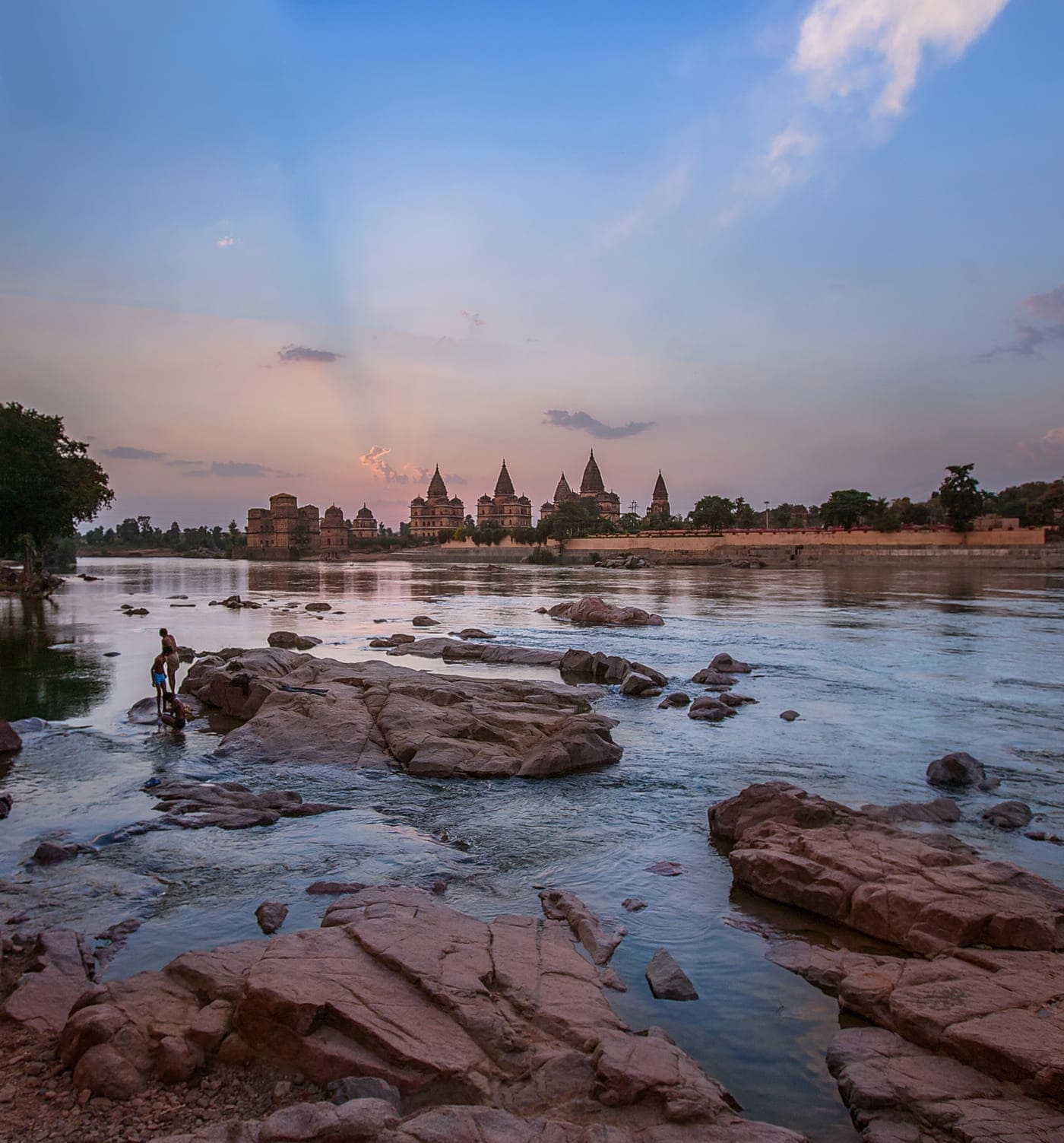 Sunrise at the Bundela kings’ cenotaphs (chhatris) near the Betwa River, Orchha 