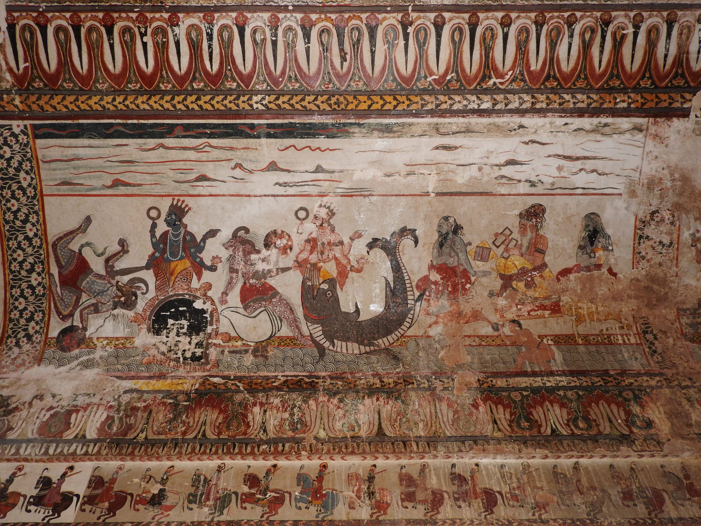 This painting depicts some of the incarnations of Vishnu, for instance his incarnation as a fish. Others include a turtle, a wild boar, and even a buffalo, Orchha 