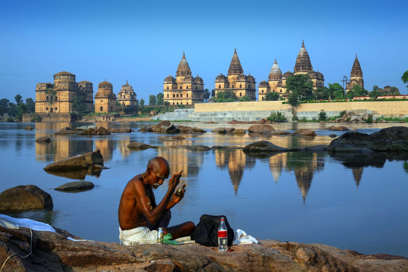 View of Royal cenotaphs (Chhatris) of Orchha from the other side of the Betwa river, Orchha 