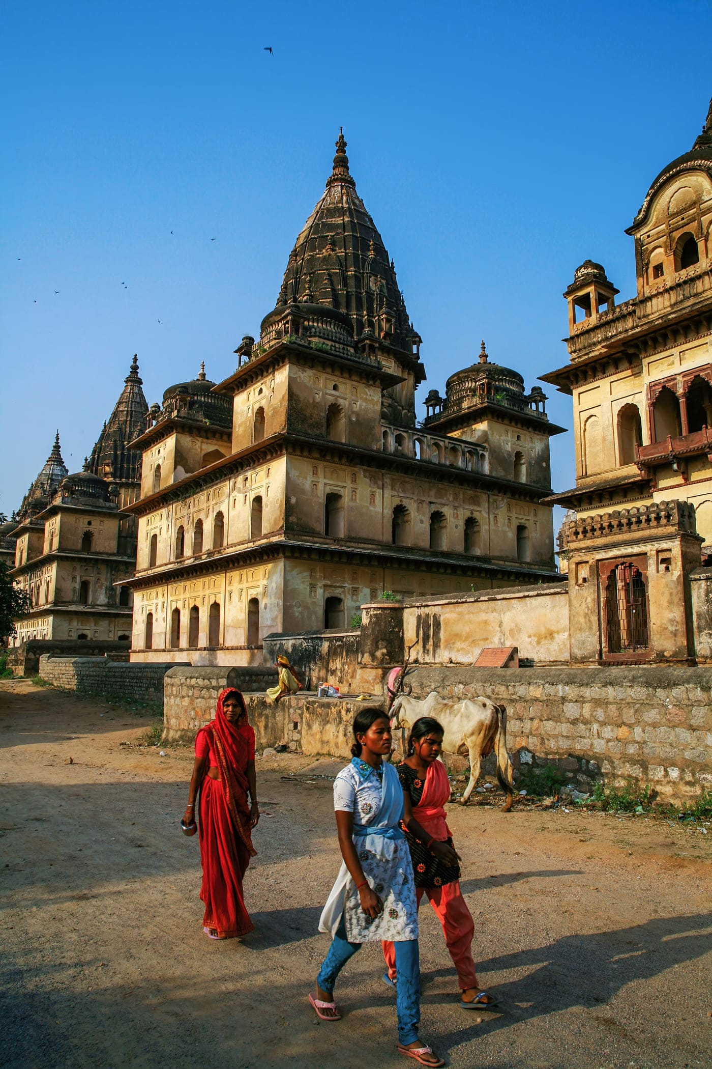 Women in the native rural surroundings of Madhya Pradesh’s Orchha walk by the temples and royal cenotaphs, unfazed by their historical enigma