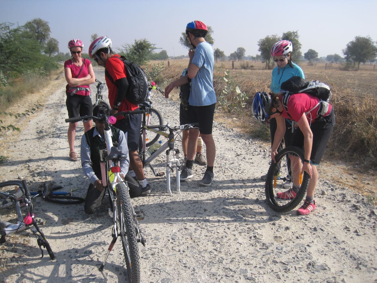 A short stop to check the air pressure of the bicycle tires