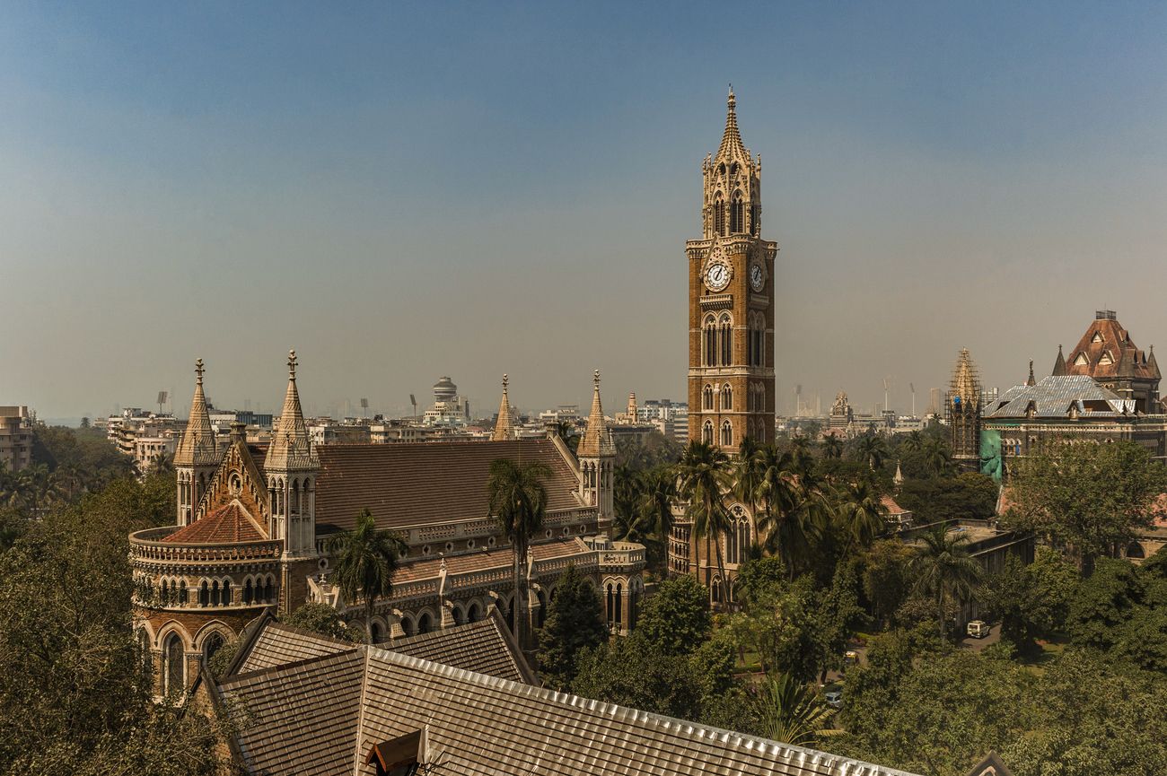 A scenic view of Rajabai tower from Watson Hotel now known as Esplanade Mansions at Kala Ghoda in Mumbai. The annual Kala Ghoda Arts Festival is well liked for its edgy installations, performances and discussions