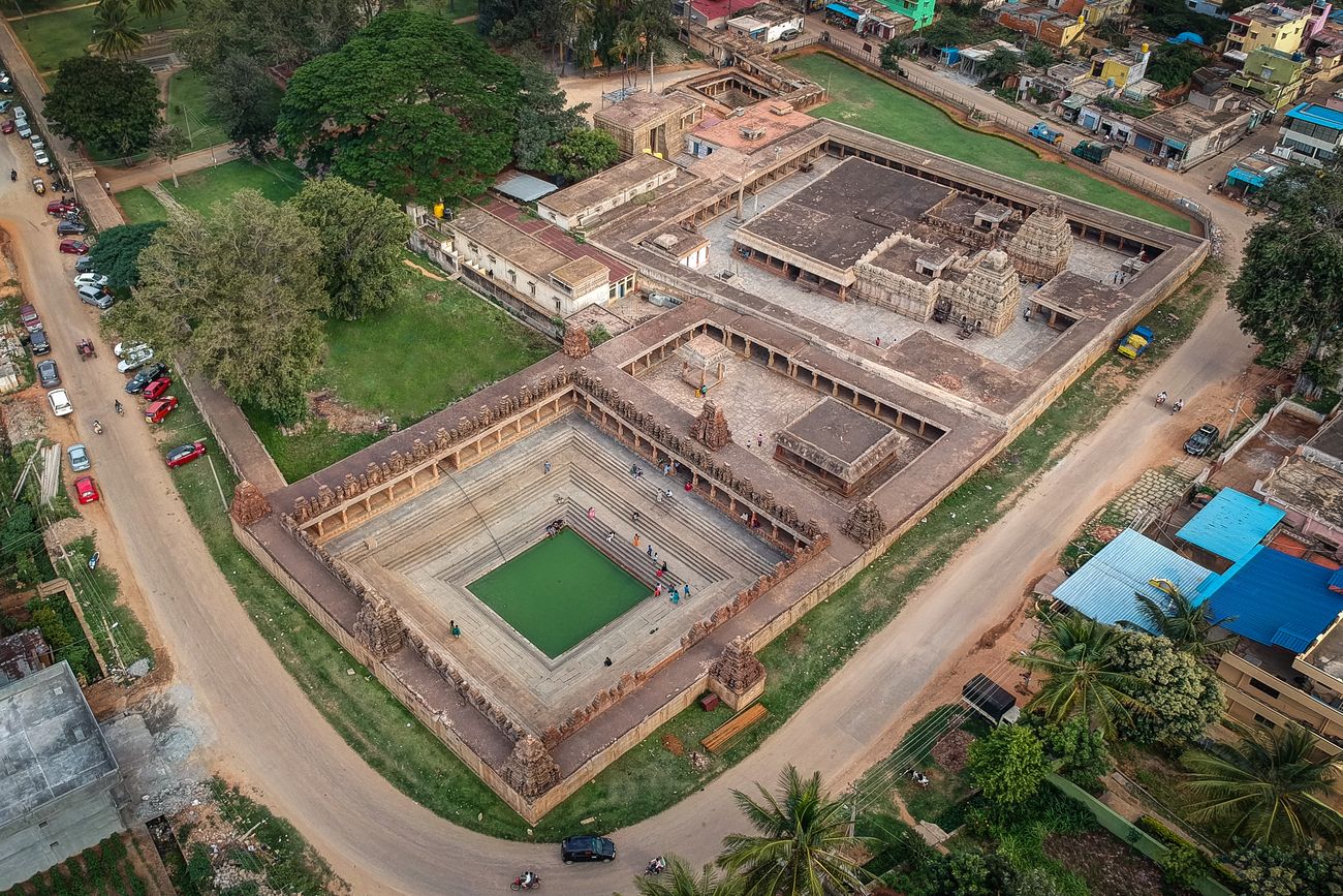 A mesmerizing aerial view of Bhoga Nandeeshwara Temple, Chikkaballapur, rural Bangalore near Nandi Hills, Karnataka. It is a magnificent example of Dravidian Architecture and is a 1000-year-old temple which is dedicated to the Hindu God Shiva