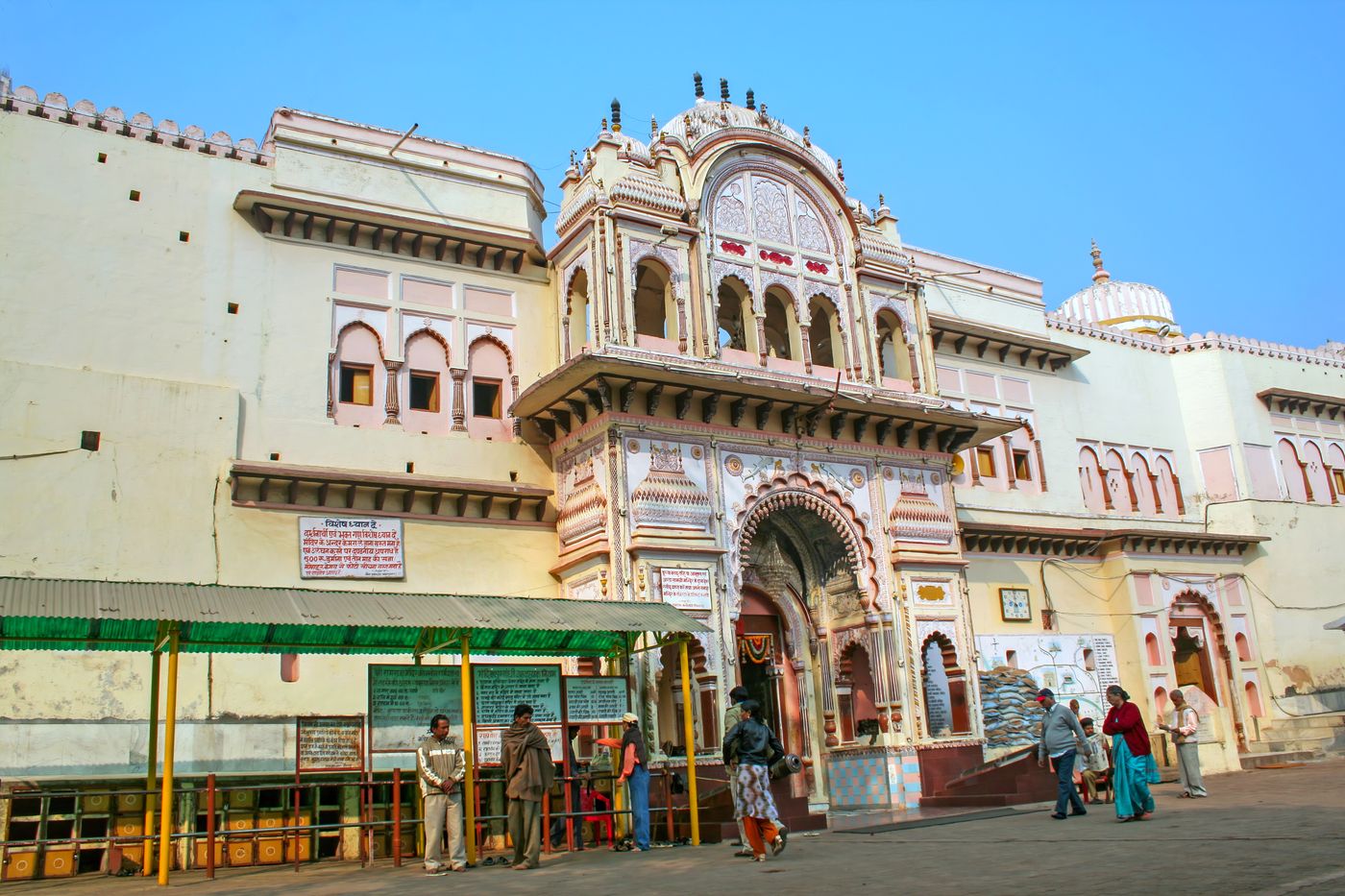 An exterior view of the Ram Raja temple situated in Orchha, a 17th-century architectural marvel topped with exquisite domes, where Ram is worshipped as King and not God