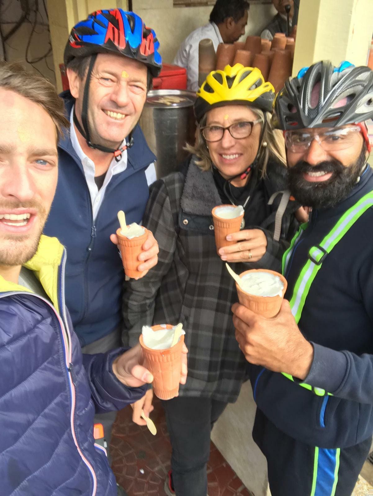 Our guests enjoying lassi (a yoghurt drink) during their cycle tour in a famous restaurant in Jaipur