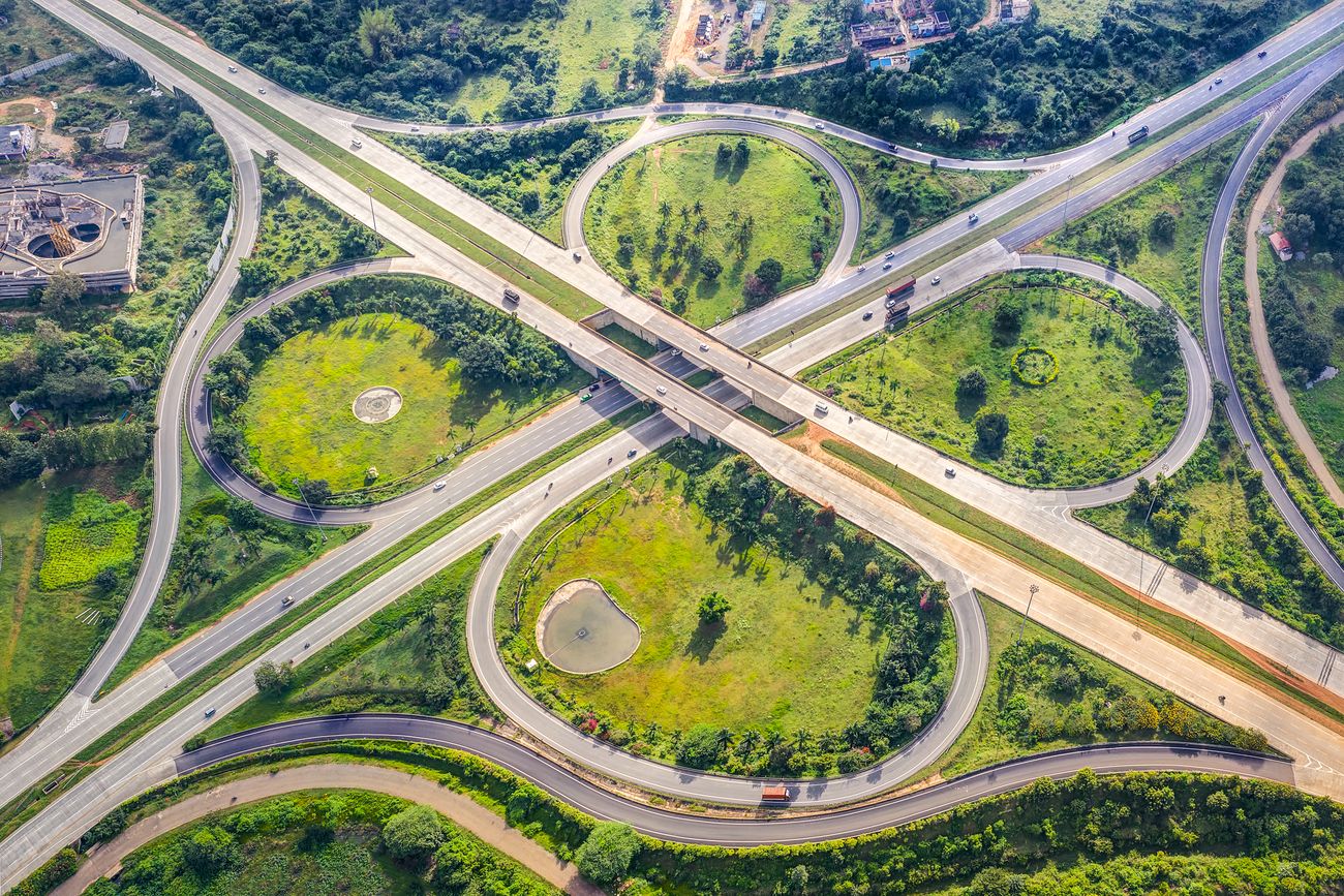 A mesmerizing aerial view of the CloverLeaf Junction on NICE Road. It is a four to six lane private tolled expressway connecting the two cities of Bangalore and Mysore 