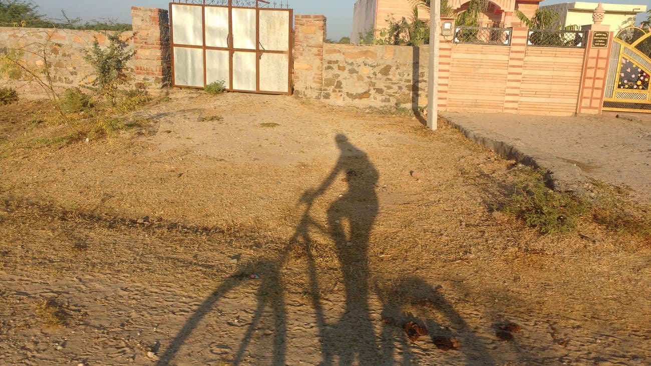 The afternoon sun casts a long shadow of a cyclist