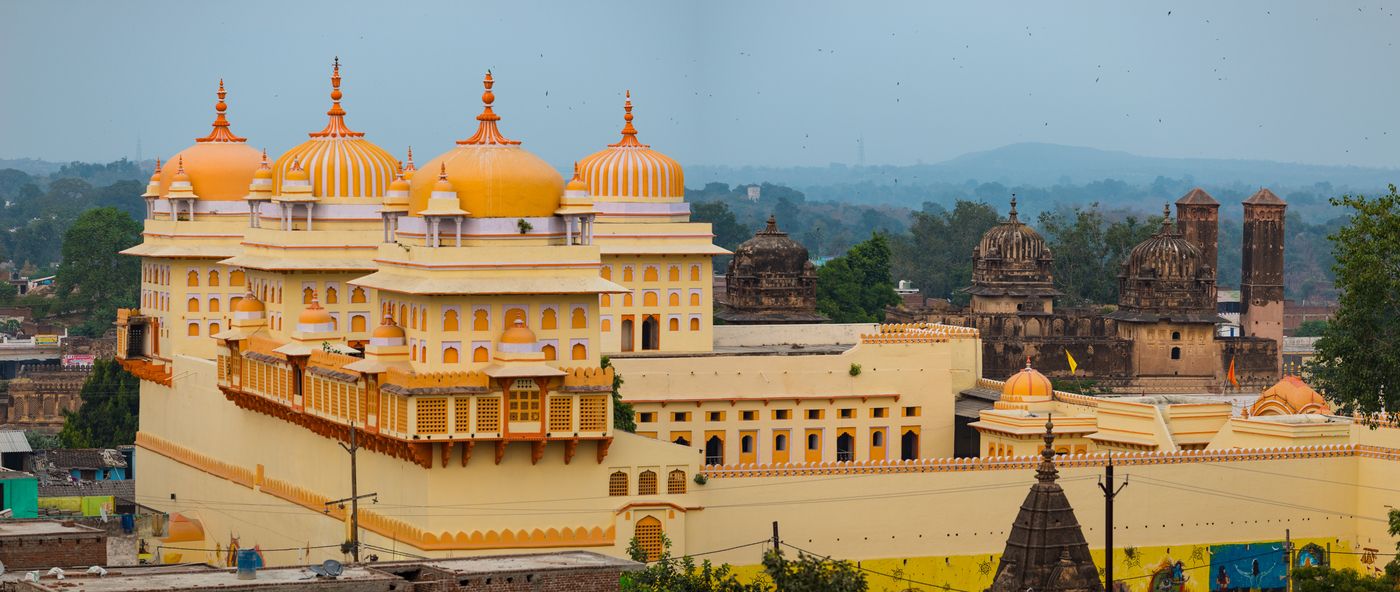 The skyline of Orchha, dotted with domes and pillars, a city in Madhya Pradesh that is famous for palaces and temples built in the 17th Century during the reign of Bundela rulers 
