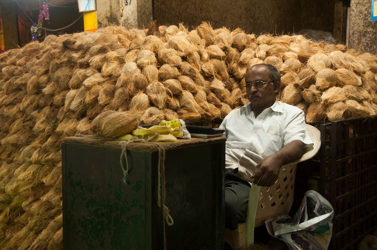 A coconut vendor sits beside his large heap of produce at Chennai’s Farmers’ Marke