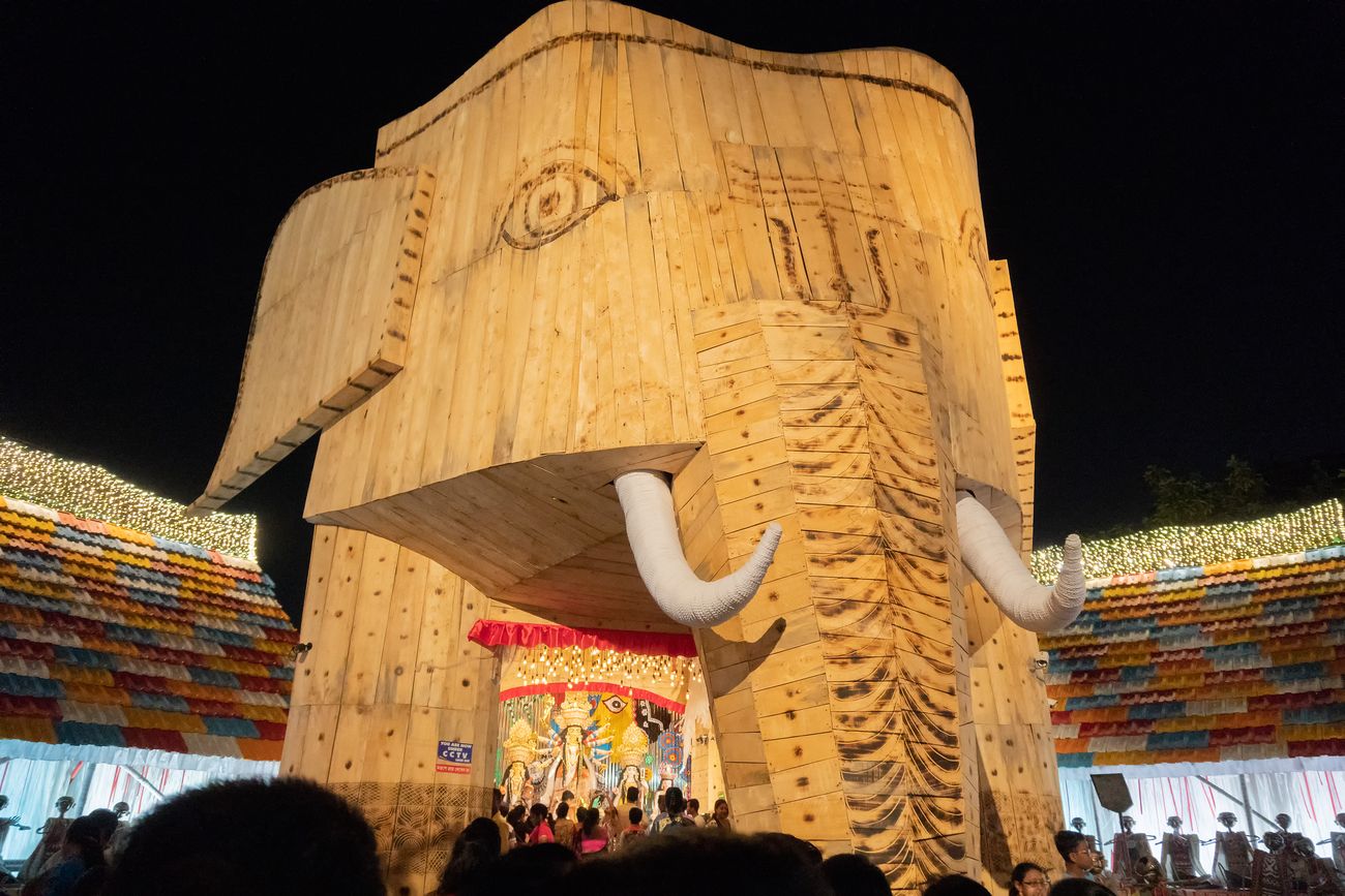 A durga puja pandal decorated in the shape of an elephant on the occasion of the holy festival 