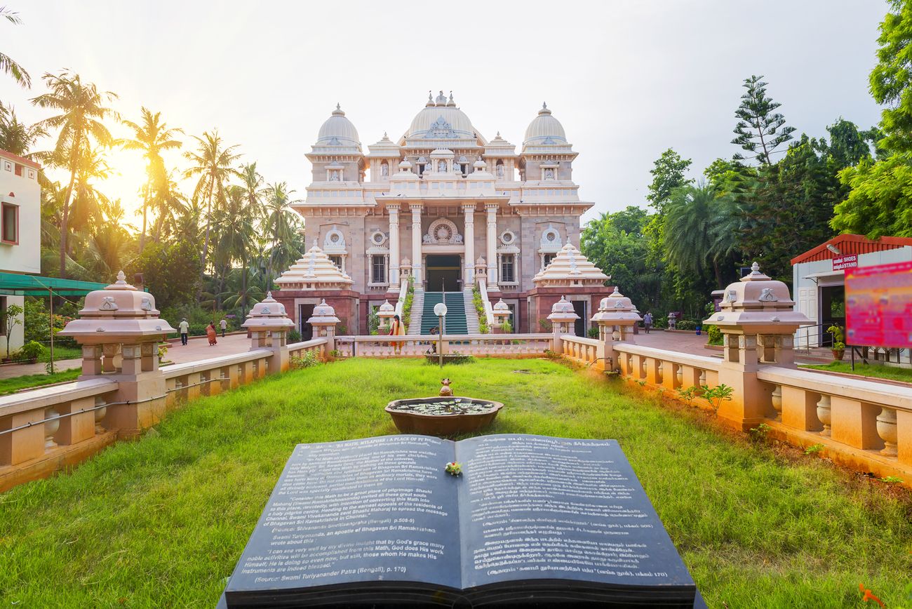 A huge stone book in the garden leading up to the Universal Temple at Sri Ramakrishna Math illustrates its commitment to publish titles in Tamil, English and Sanskrit