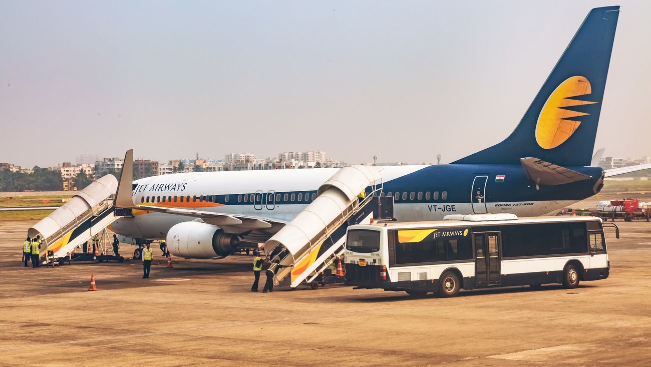 A Jet Airways aircraft waiting on the tarmac at the Netaji Subhash Chandra Bose International airport in Kolkata prior to takeoff