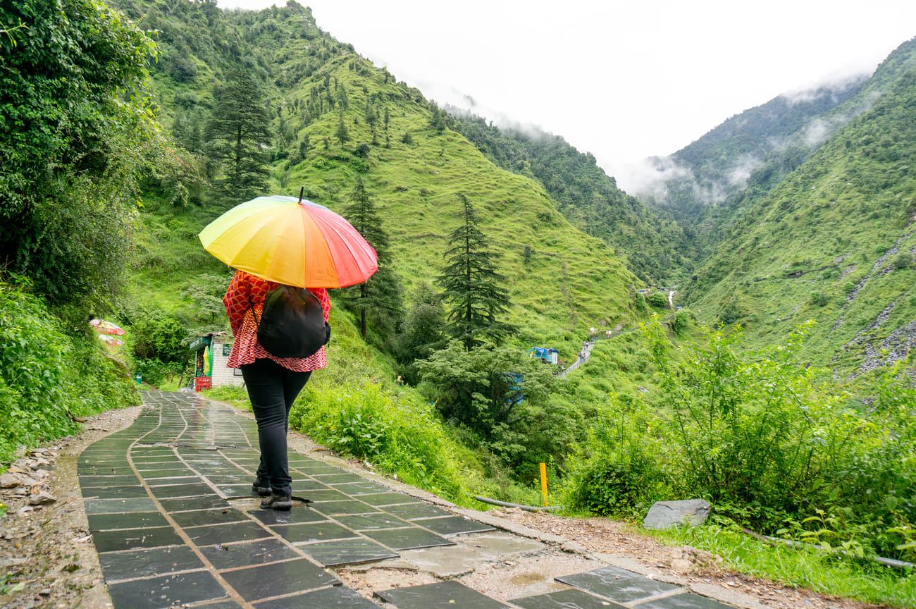 A local woman walking along a beautiful mountain path in Himachal Pradesh, her colorful umbrella a shield against the rain and mist