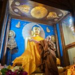 a monk worships the statue of buddha at mahabodhi temple